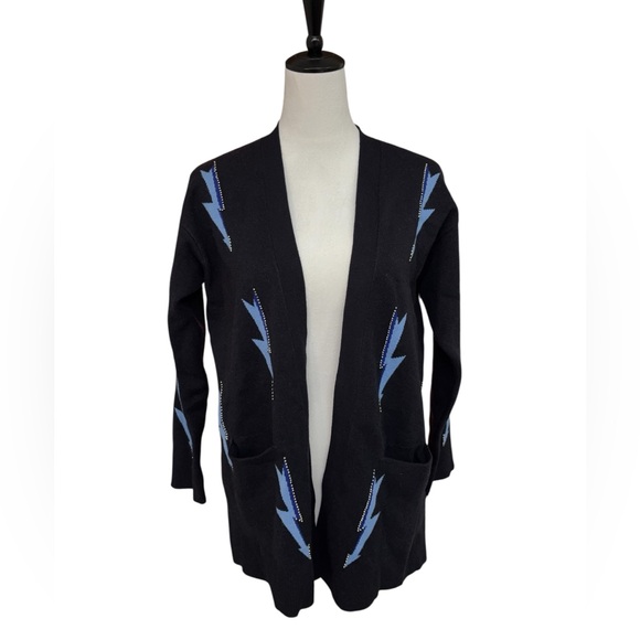 Sandro Paris Lightning Beaded Cardigan Black Blue CashmereBlend OpenFrontsweater - Picture 2 of 16
